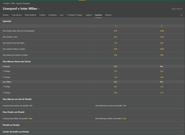 Mercados Liverpool - Inter na Bet365