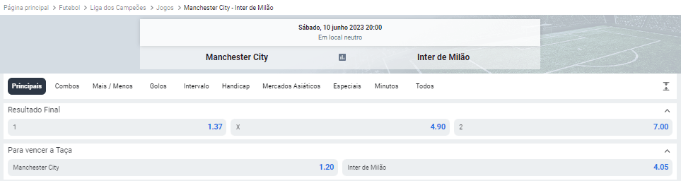 Apostar na final da Liga dos Campeões 2022/23 - Manchester City x Inter
